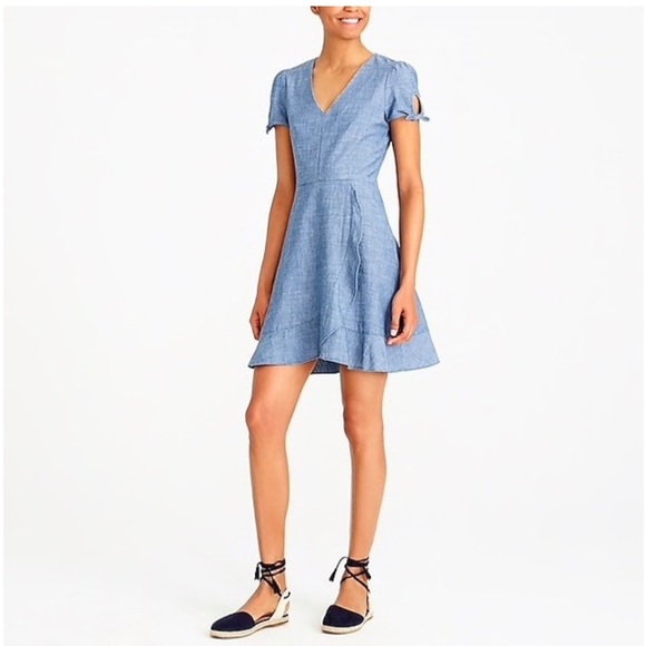 J. Crew Faux Wrap Chambray Denim Ruffled Dress Blue Womens 4 summer - Picture 1 of 11
